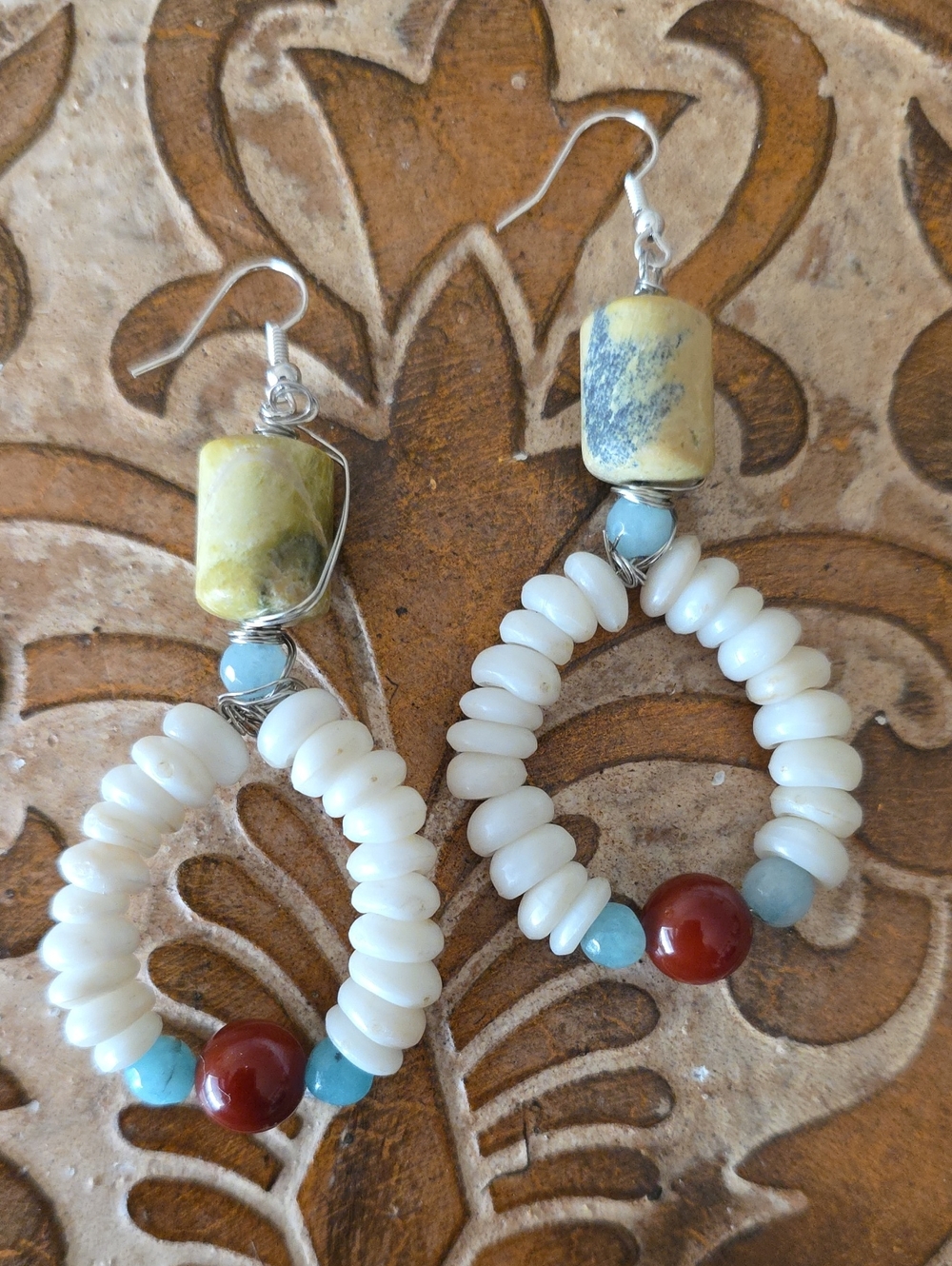 Handcrafted White, Blue & Red Beaded Hoop Earrings
